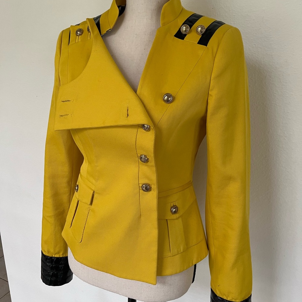 Just Cavalli Military Jacket Yellow Leather Trim Designer Blazer Italy Size 6 - Picture 3 of 15